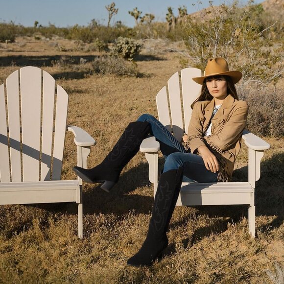 Women Black Suede Polyurethane Embroidered Chunky Heel Knee High Western Boot - Picture 5 of 6